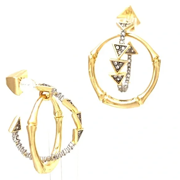 ALEXIS BITTAR • Gold & Silver Bamboo Crystal Double Hoop Orbiting Post Earrings - Picture 3 of 10